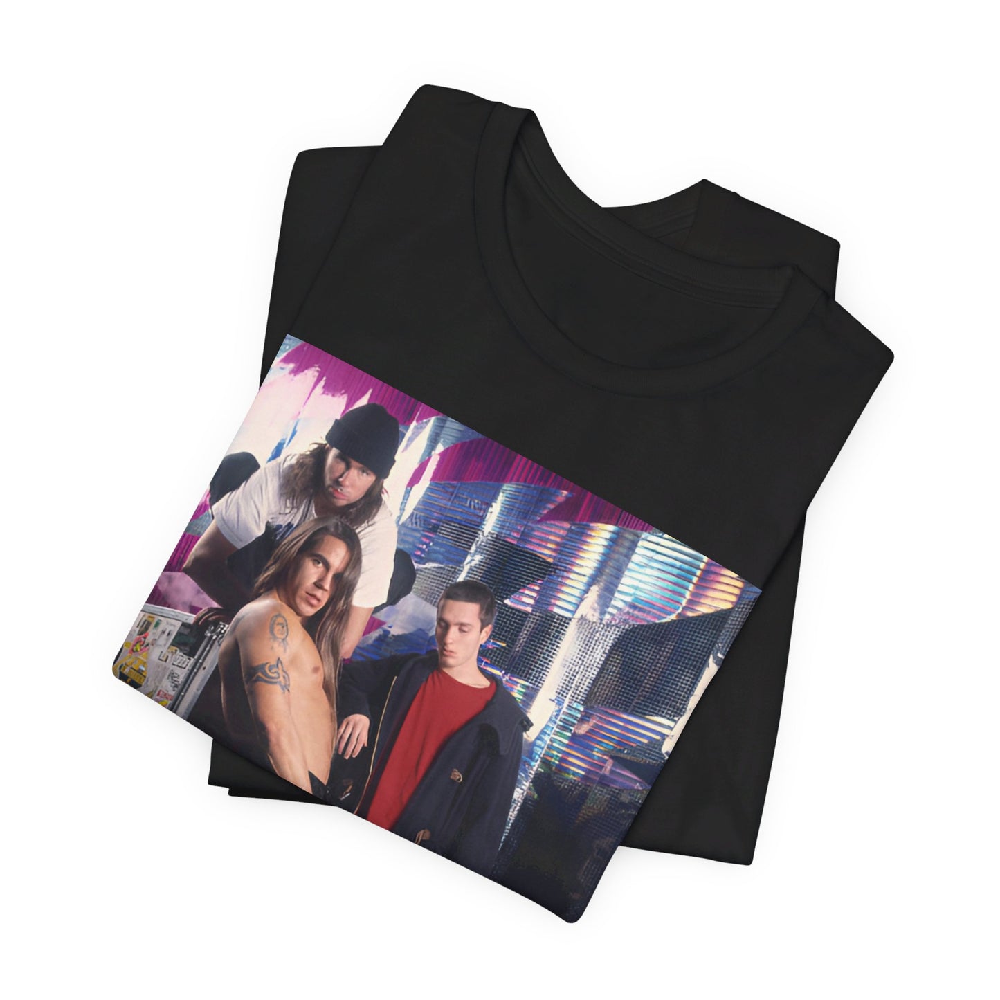 A black graphic t-shirt featuring a 90s alt-rock aesthetic graphic of Red Hot Chili Peppers.