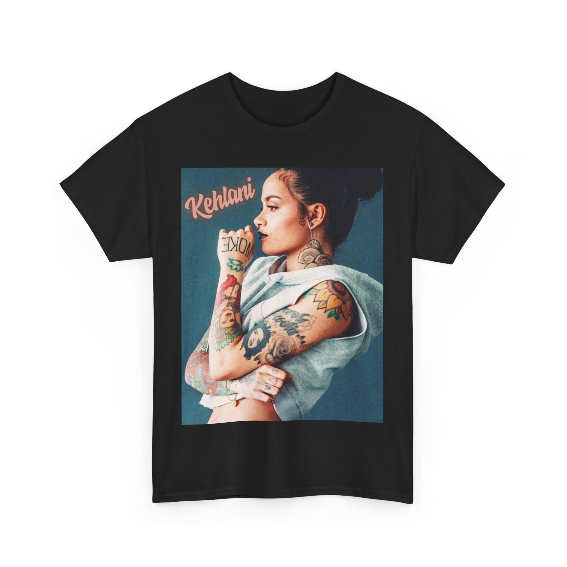 A black graphic t-shirt featuring a graphic related to Kehlani's 'Gangsta' song from the Suicide Squad era.