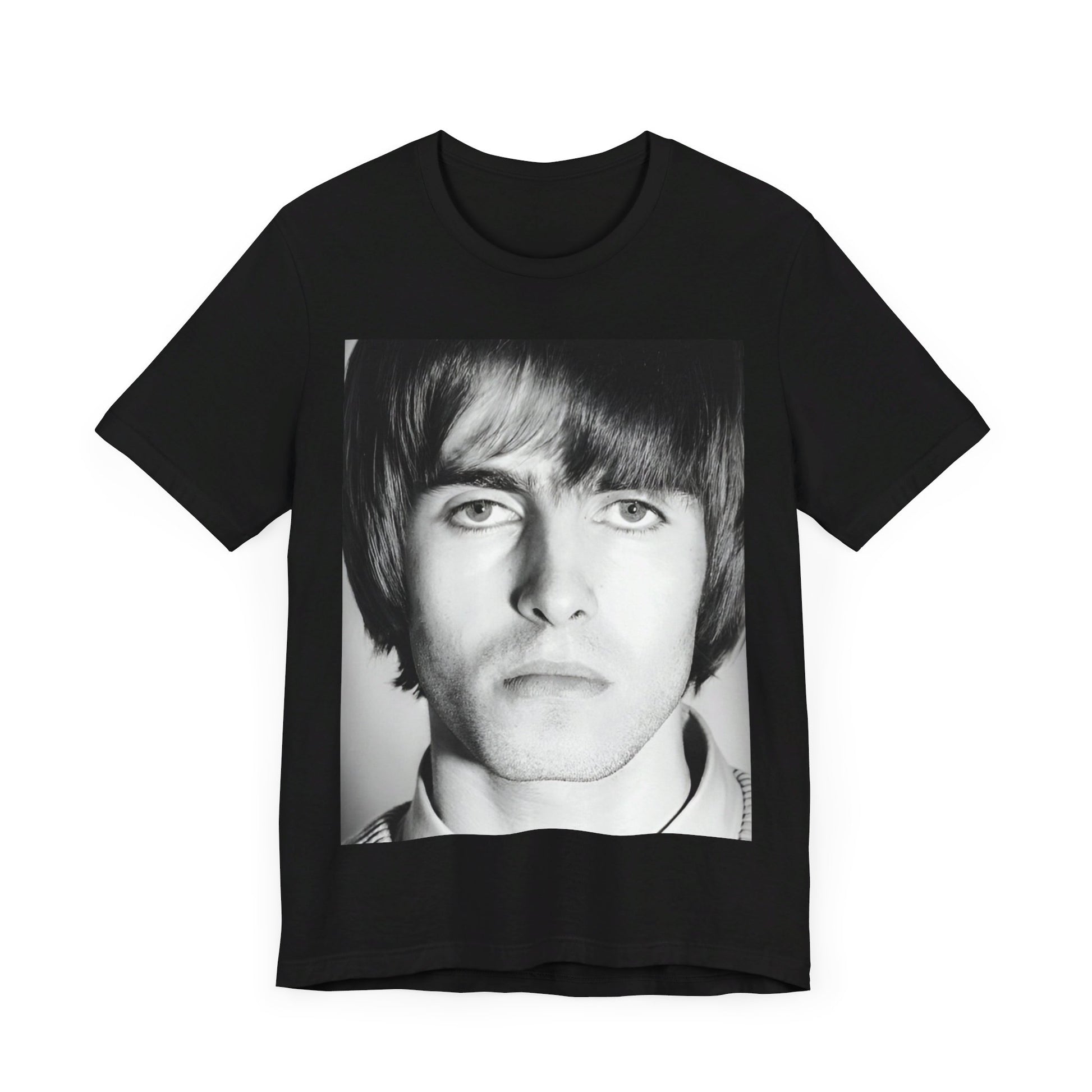 A black graphic t-shirt featuring a 90s portrait photo of Liam Gallagher from Oasis.