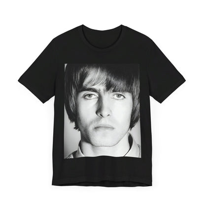 A black graphic t-shirt featuring a 90s portrait photo of Liam Gallagher from Oasis.