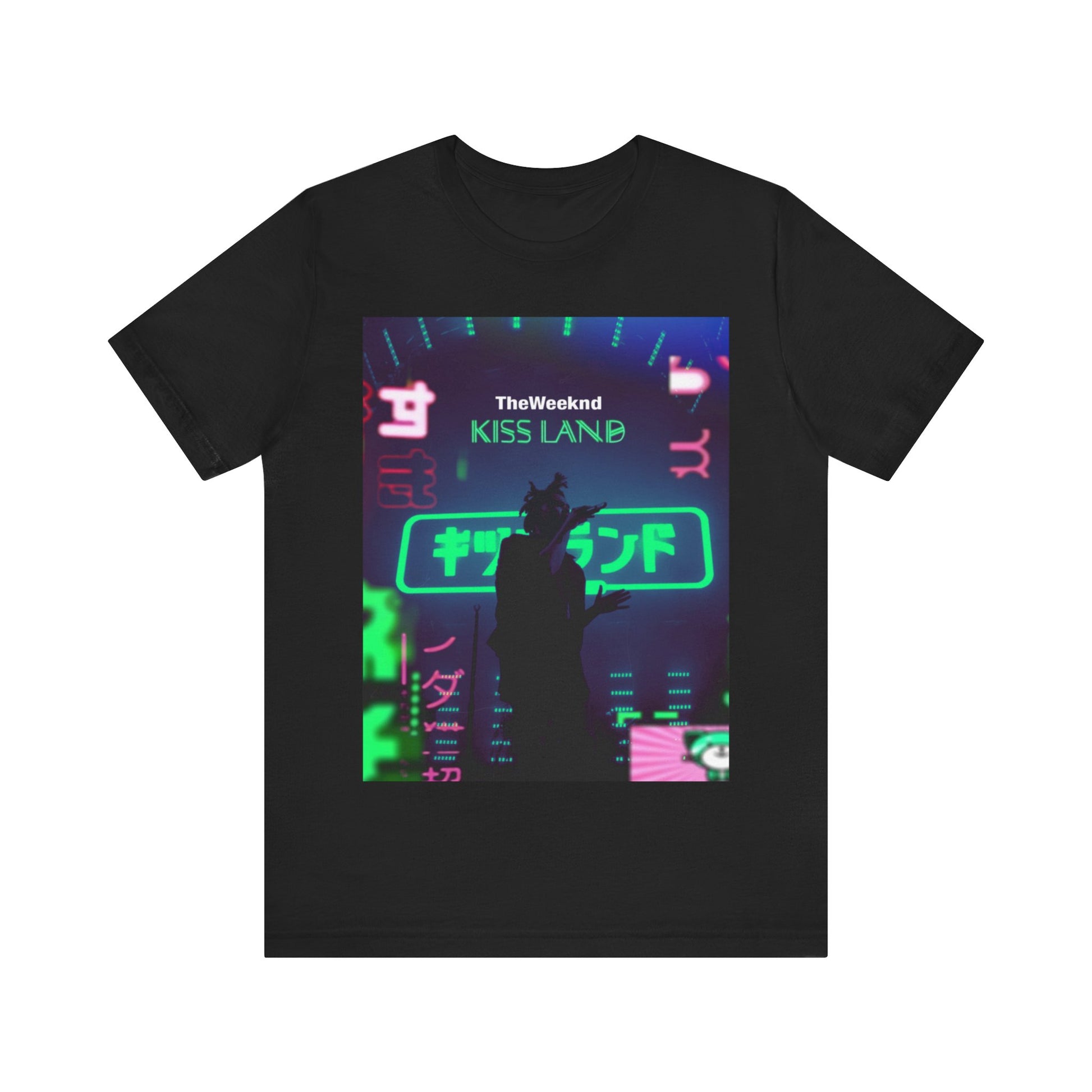 A black graphic t-shirt featuring a graphic related to The Weeknd's 'Kiss Land' live performances.
