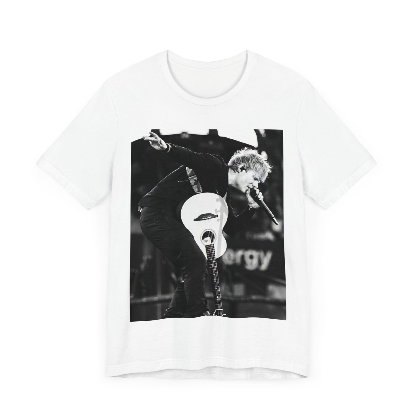 A black graphic t-shirt featuring a vintage graphic of Ed Sheeran performing live.