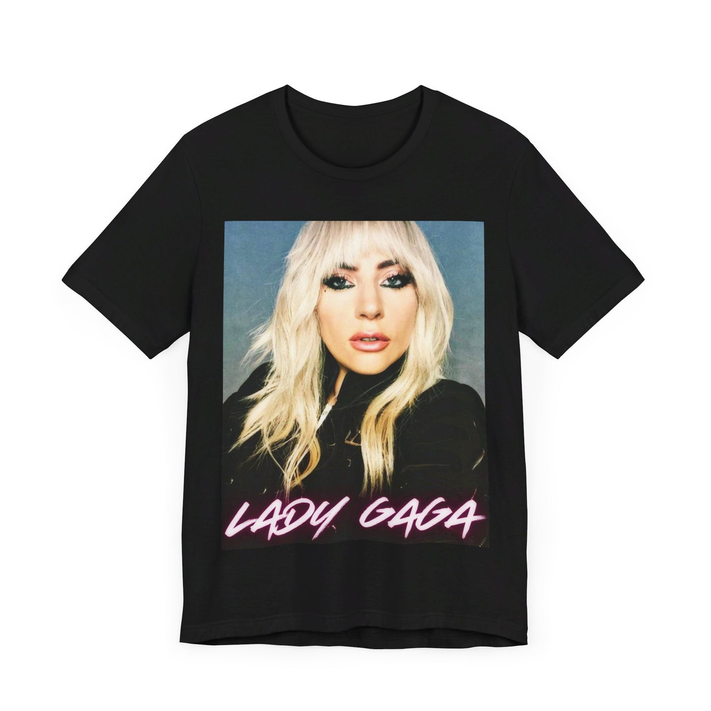 A black graphic t-shirt featuring a casual pop fan graphic of Lady Gaga.