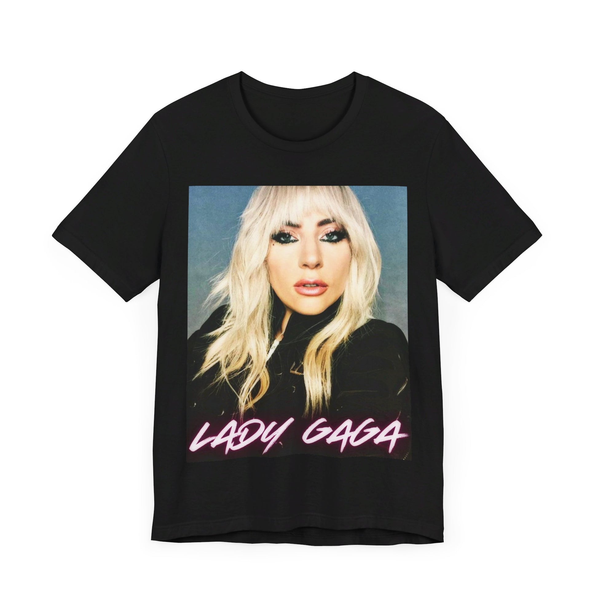 A black graphic t-shirt featuring a casual pop fan graphic of Lady Gaga.