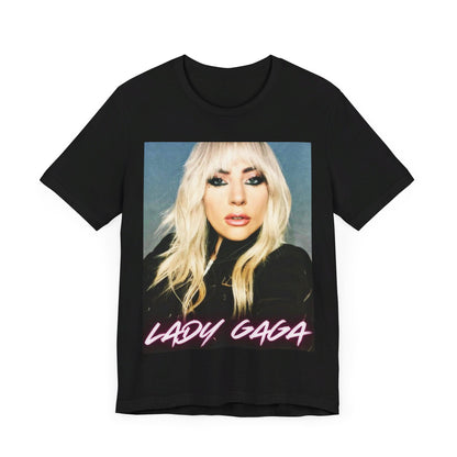 A black graphic t-shirt featuring a casual pop fan graphic of Lady Gaga.