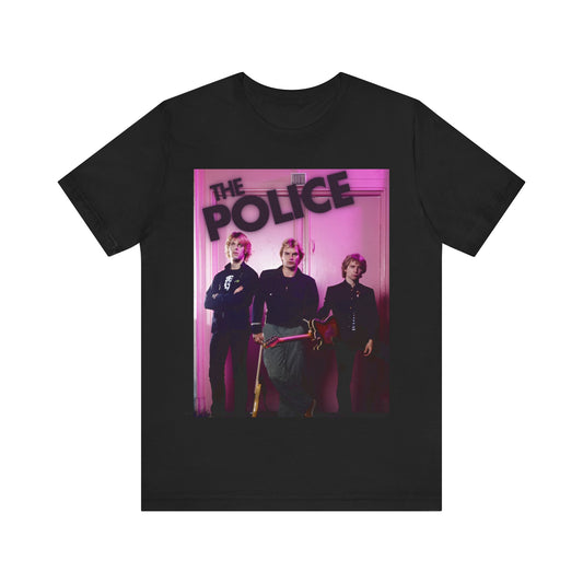 A black graphic t-shirt featuring a classic graphic related to The Police's 'Roxanne' song or era.