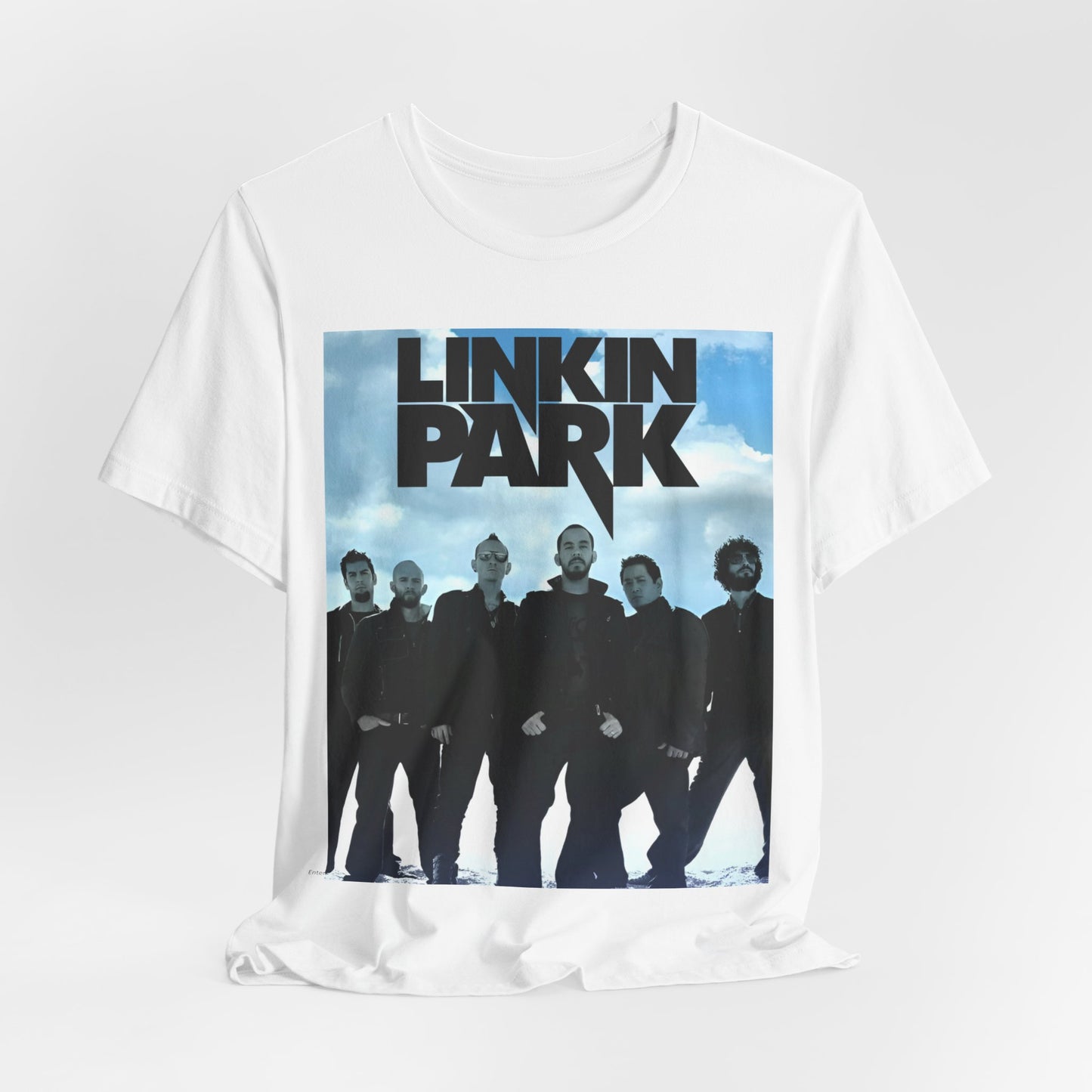 A black graphic t-shirt featuring a vintage graphic related to Linkin Park's 'In the End' song or era.