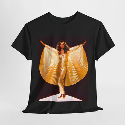 A black graphic t-shirt featuring a vintage graphic of Donna Summer as the Queen of Disco.