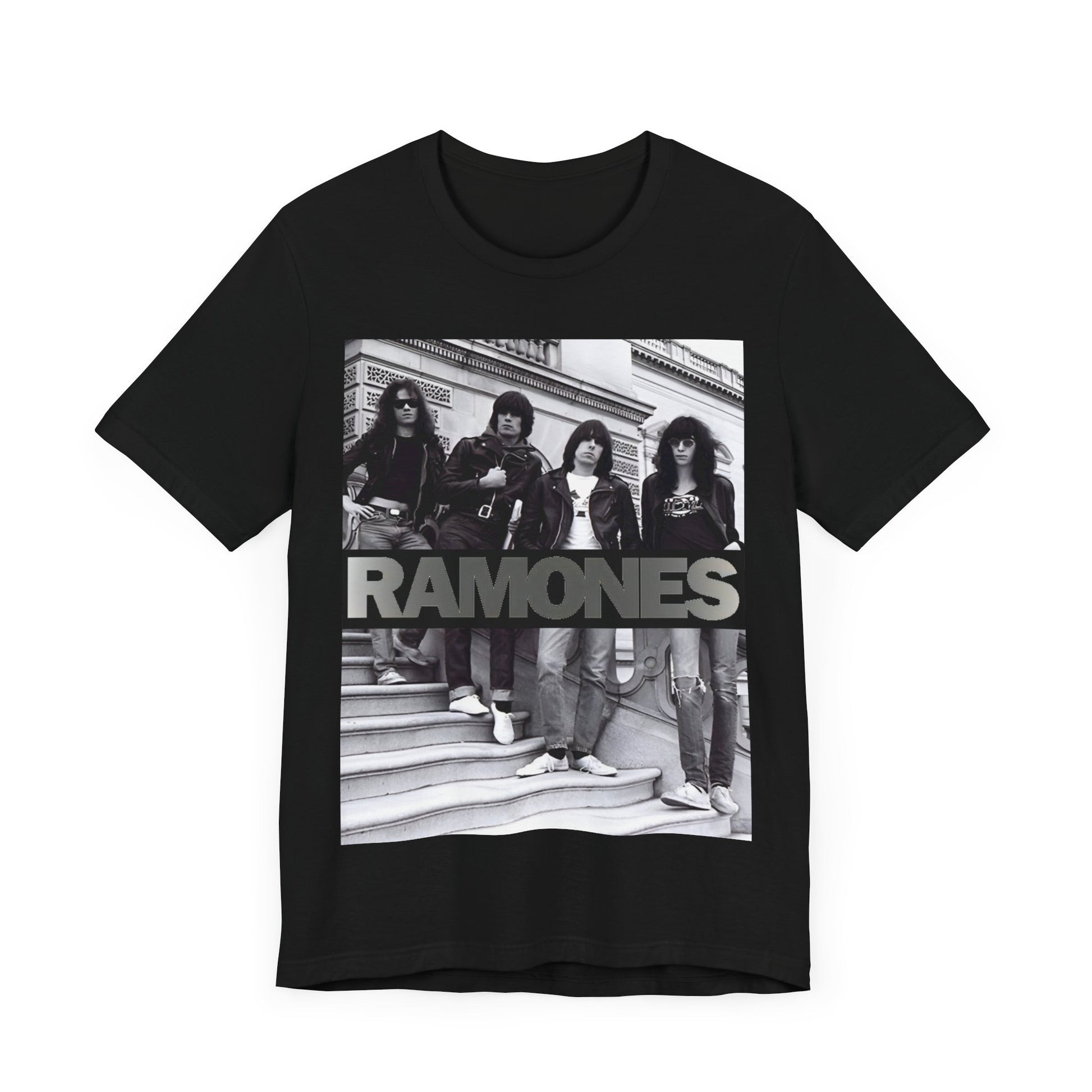 A black graphic t-shirt featuring a graphic related to Ramones' 'Blitzkrieg Bop' song or era.