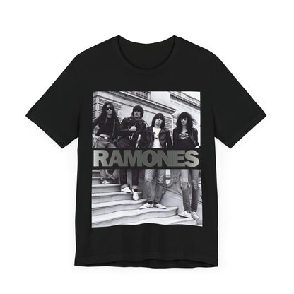 A black graphic t-shirt featuring a graphic related to Ramones' 'Blitzkrieg Bop' song or era.