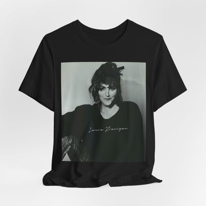 A black graphic t-shirt featuring a casual 80s pop fan graphic of Laura Branigan.
