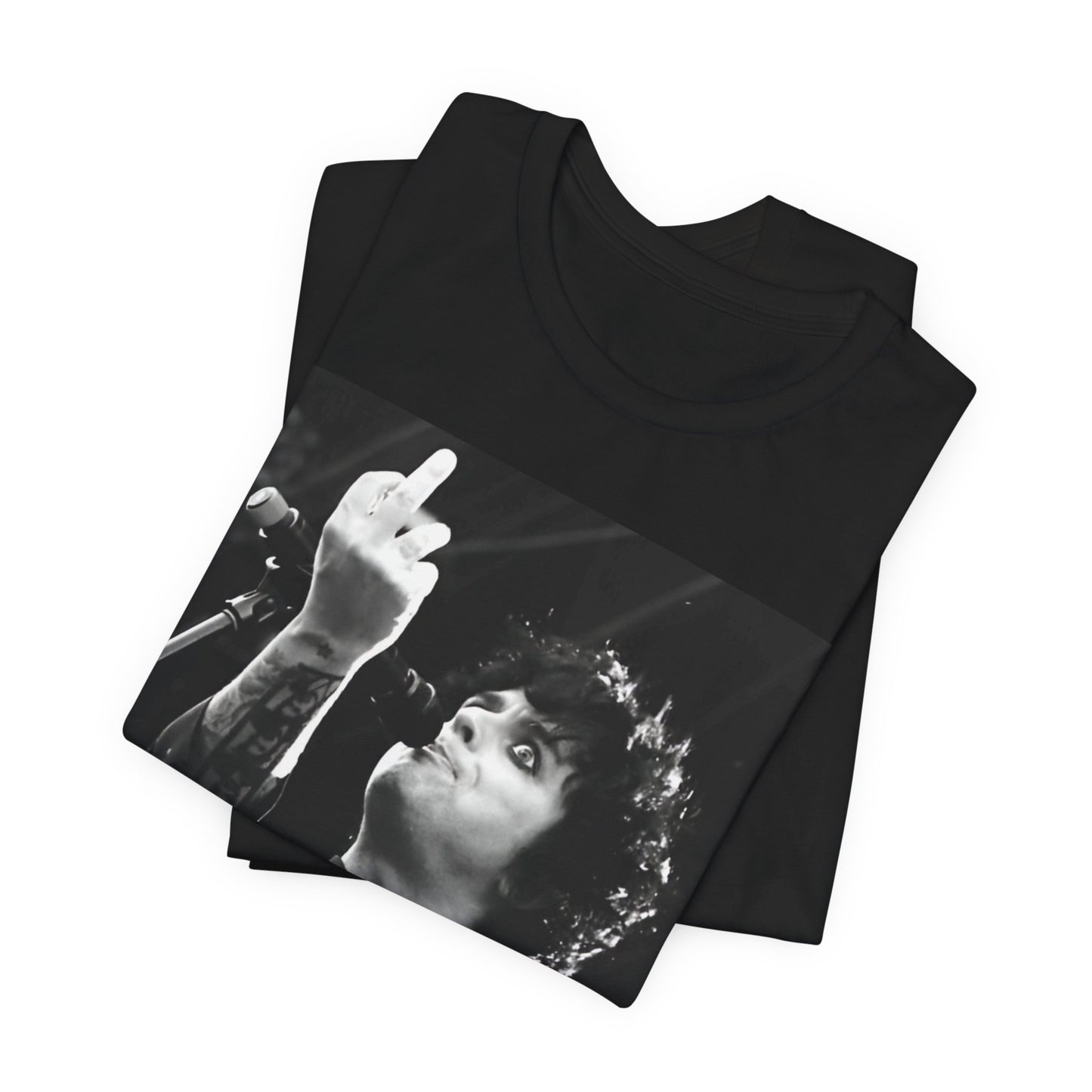 A black graphic t-shirt featuring a graphic of Billie Joe Armstrong from Green Day giving the middle finger during a concert.