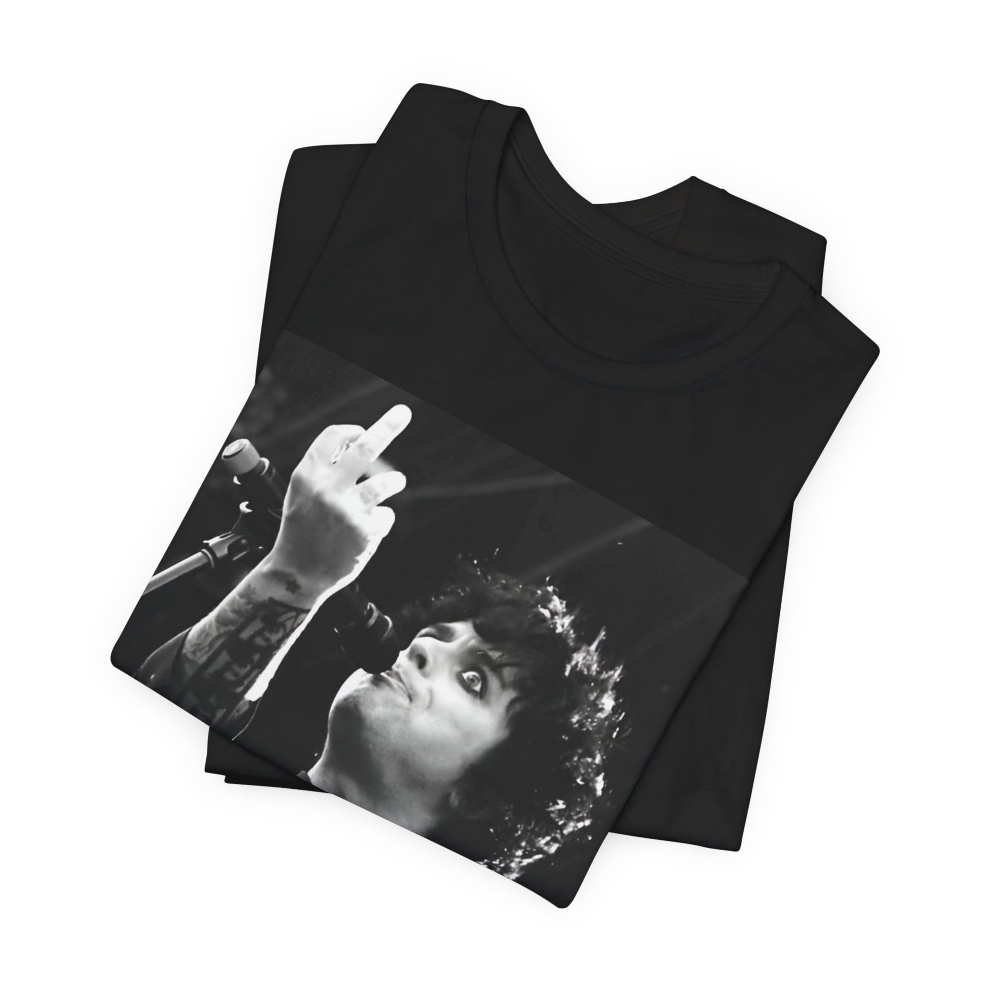 A black graphic t-shirt featuring a graphic of Billie Joe Armstrong from Green Day giving the middle finger during a concert.