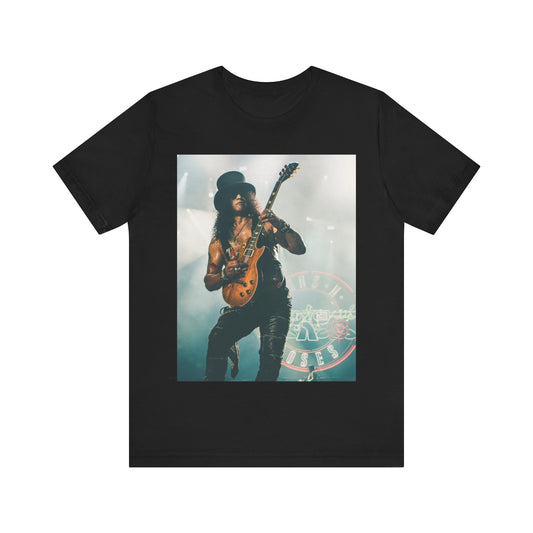A black graphic t-shirt featuring a graphic of Slash from Guns N' Roses with his iconic top hat and guitar.