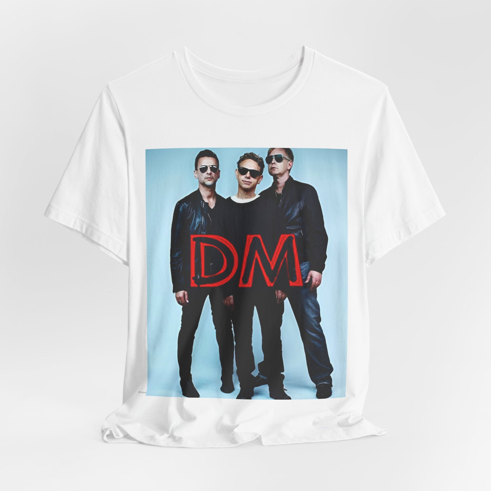 A black graphic t-shirt featuring a retro electropop graphic of Depeche Mode.