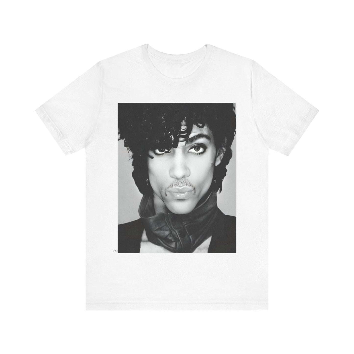 A black graphic t-shirt featuring a black and white photo portrait of Prince.