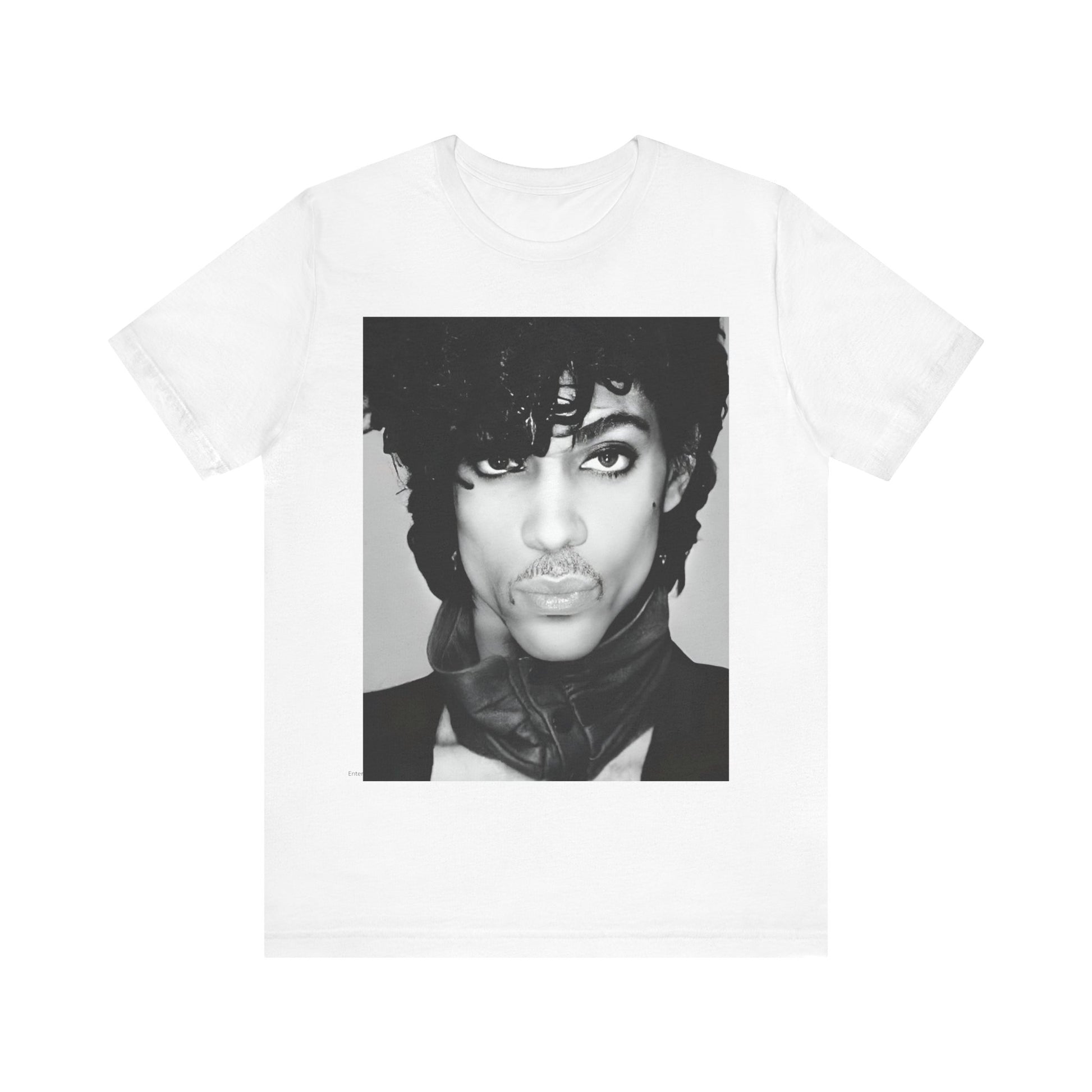 A black graphic t-shirt featuring a black and white photo portrait of Prince.