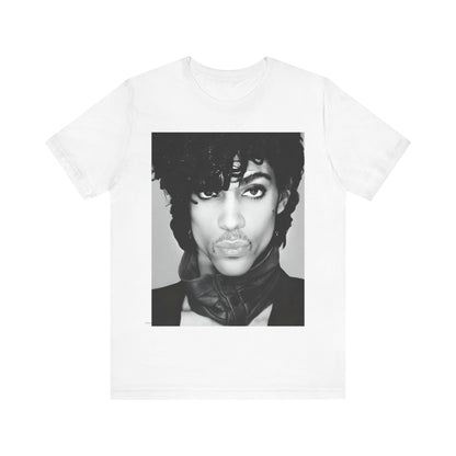 A black graphic t-shirt featuring a black and white photo portrait of Prince.