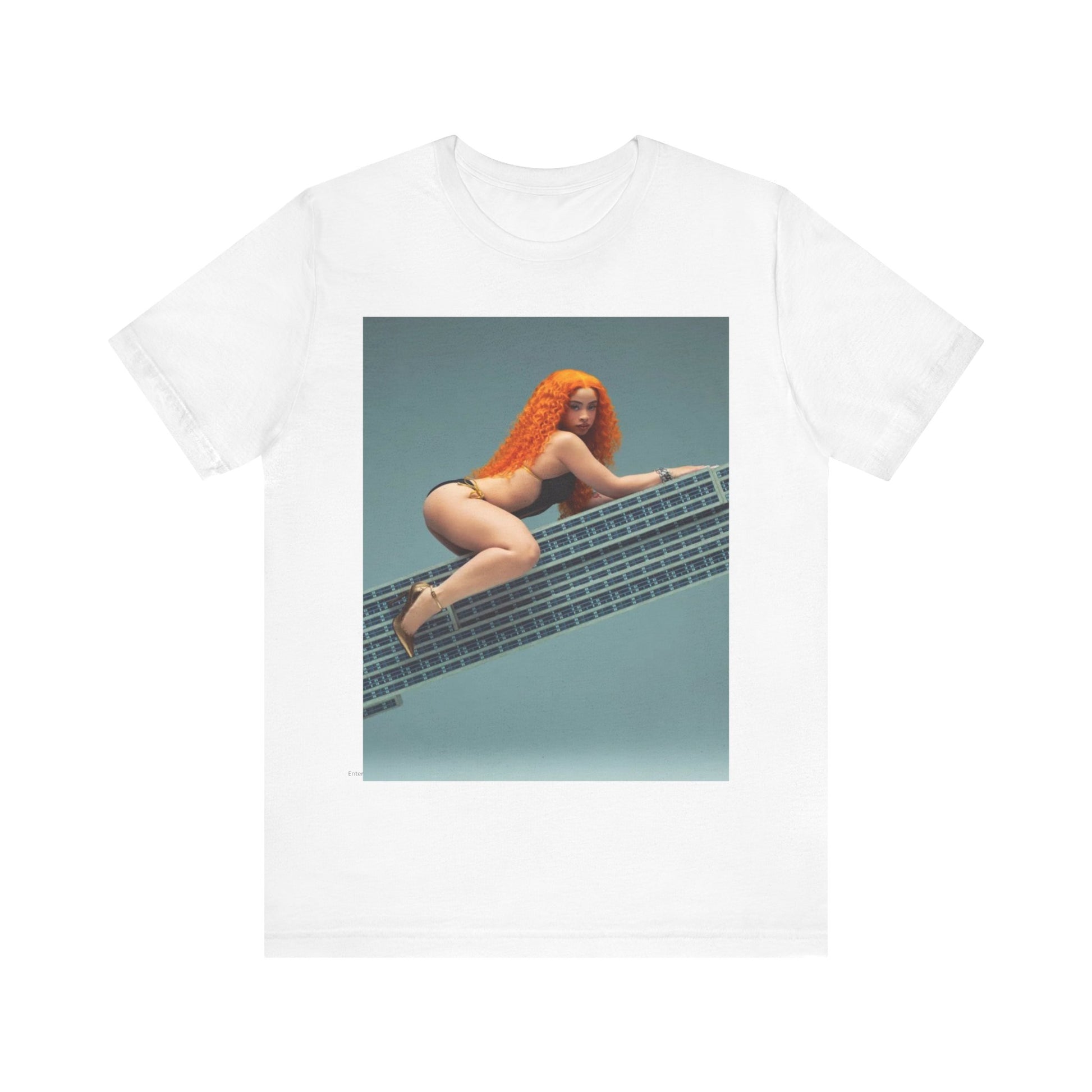 A black graphic t-shirt featuring a graphic of Ice Spice with a chill rap vibe.