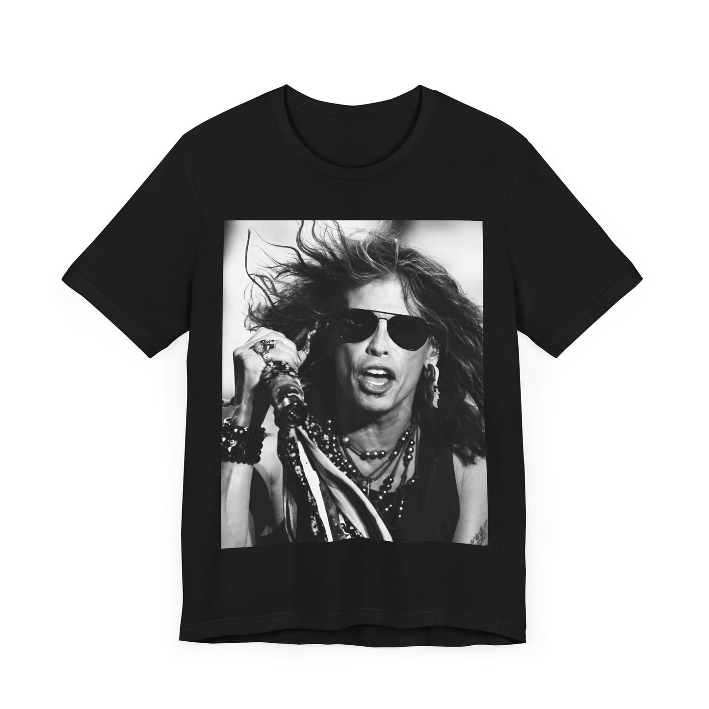 A black graphic t-shirt featuring a black and white photo of Aerosmith's Steven Tyler with his signature scarf and microphone, captured during a dynamic performance.