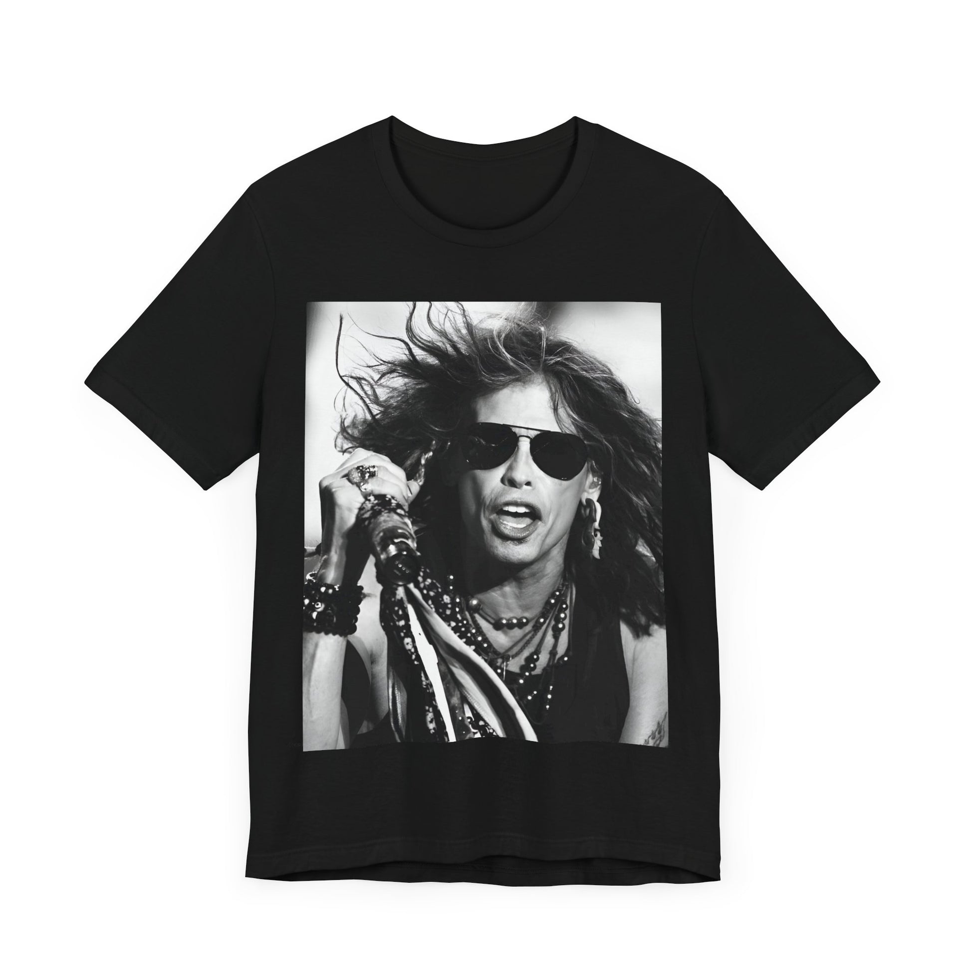 A black graphic t-shirt featuring a black and white photo of Aerosmith's Steven Tyler with his signature scarf and microphone, captured during a dynamic performance.