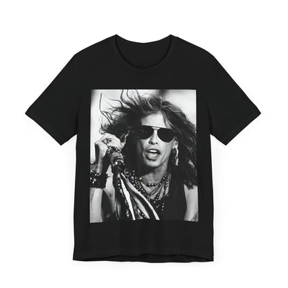 A black graphic t-shirt featuring a black and white photo of Aerosmith's Steven Tyler with his signature scarf and microphone, captured during a dynamic performance.