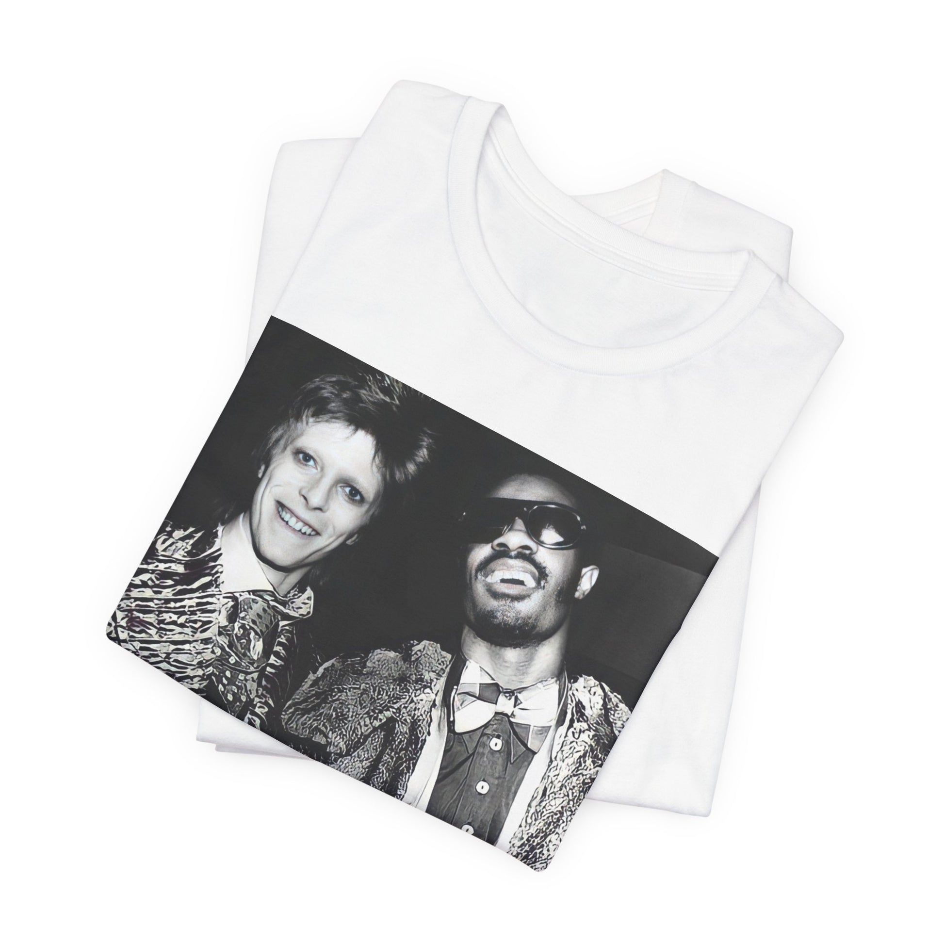 A black graphic t-shirt featuring a retro graphic of Stevie Wonder and David Bowie together.