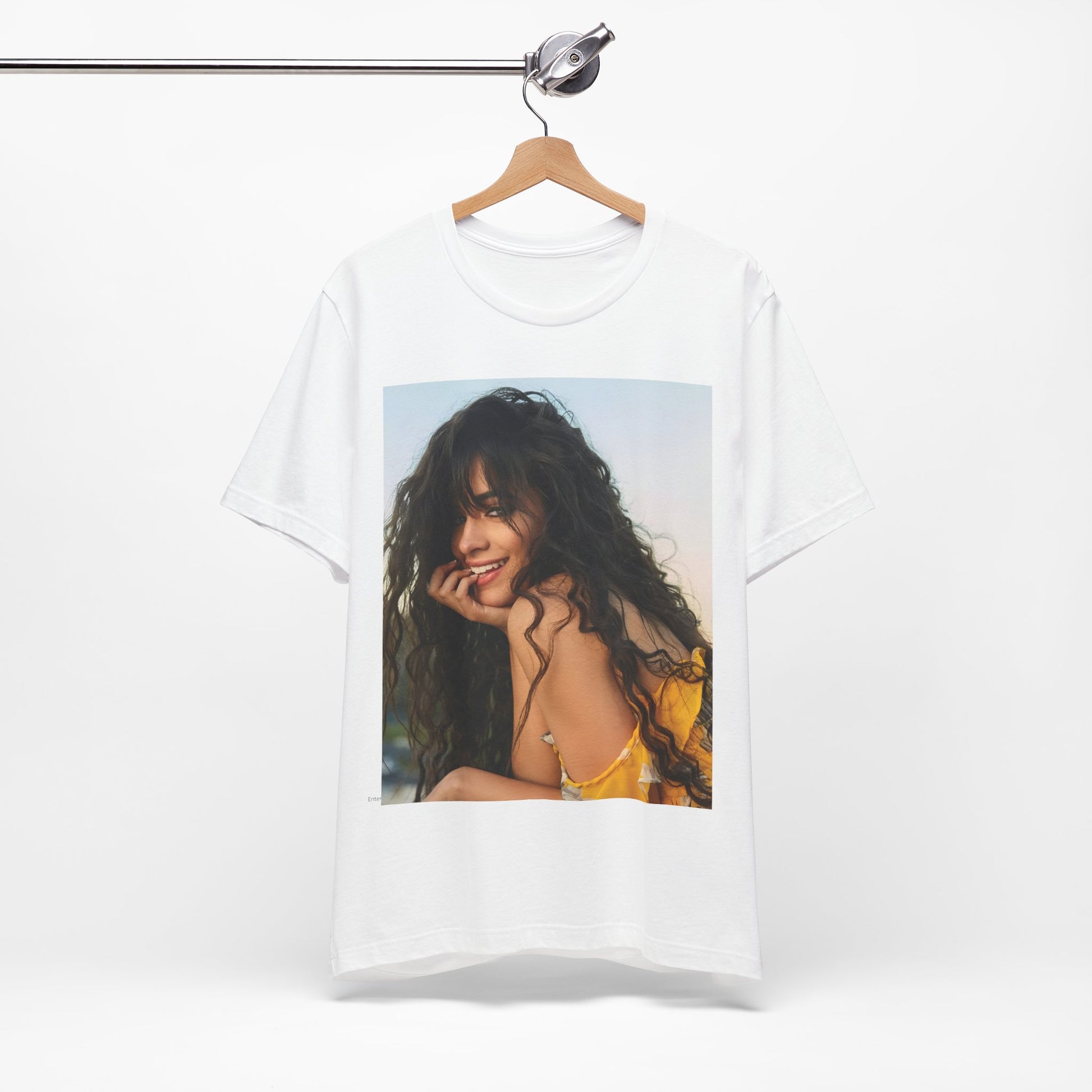 A black graphic t-shirt featuring a graphic inspired by Camila Cabello's "Don't Go Yet" song or era.