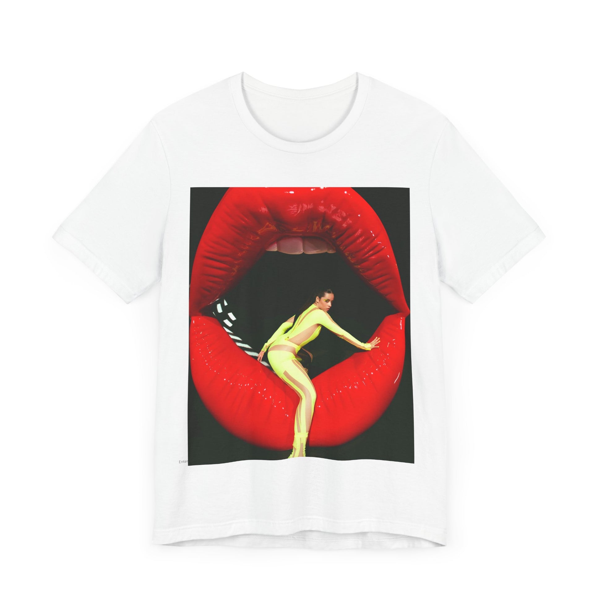 A black graphic t-shirt featuring a graphic of Camila Cabello with a 'rebel heart' or edgy pop star aesthetic.