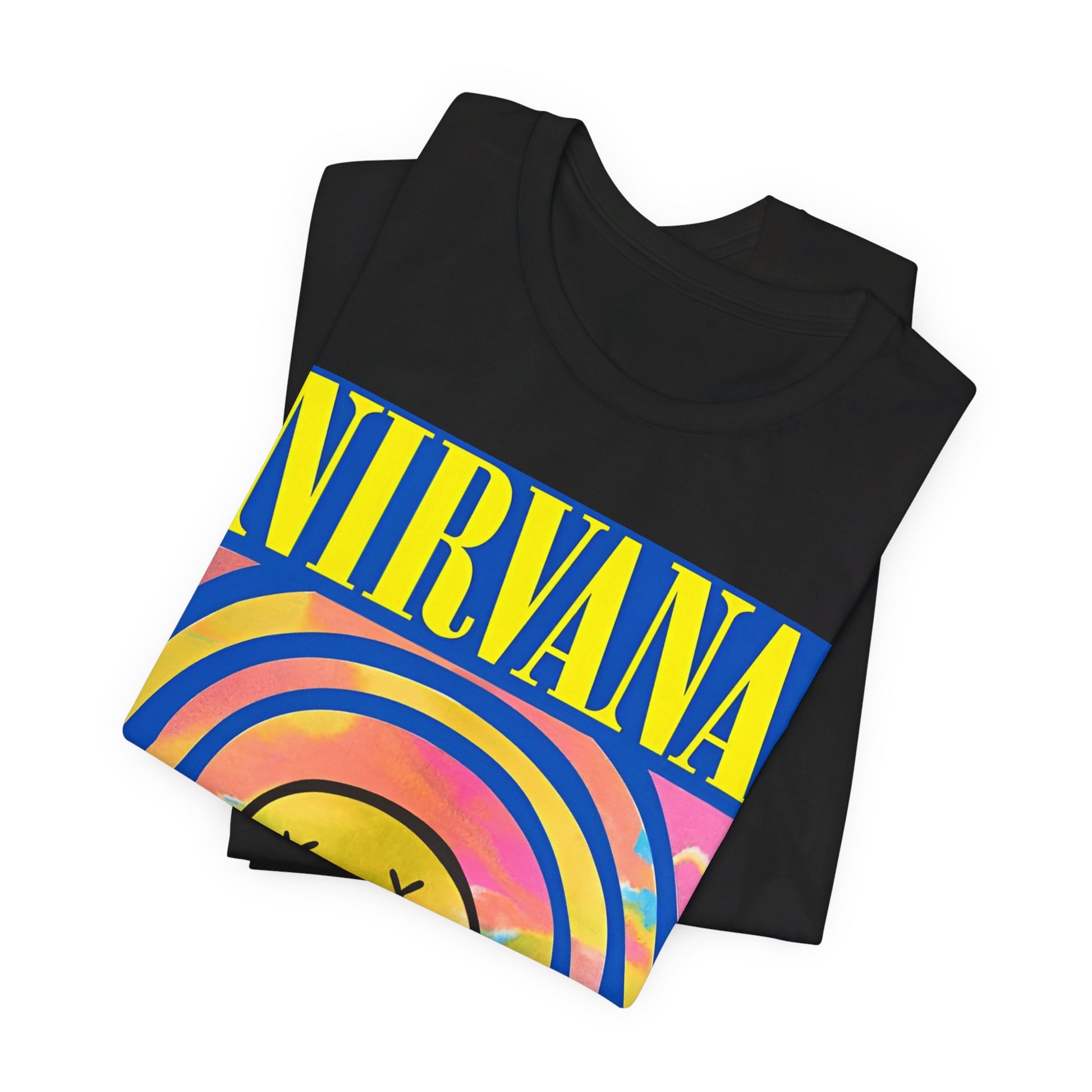 A black graphic t-shirt featuring the classic Nirvana logo.