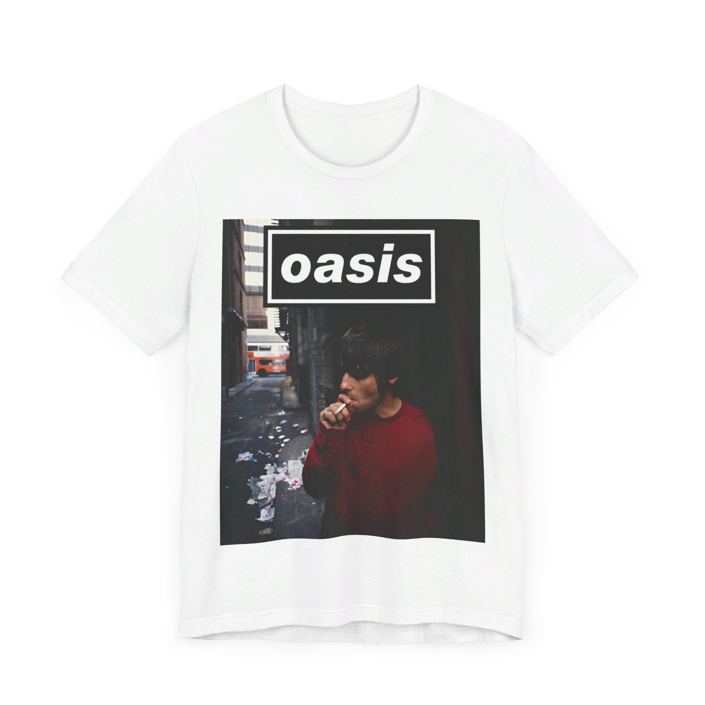 A black graphic t-shirt featuring a classic 90s rock and roll graphic of Oasis.