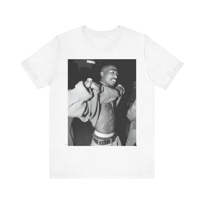 A black graphic t-shirt featuring a vintage hip hop icon graphic of Tupac.