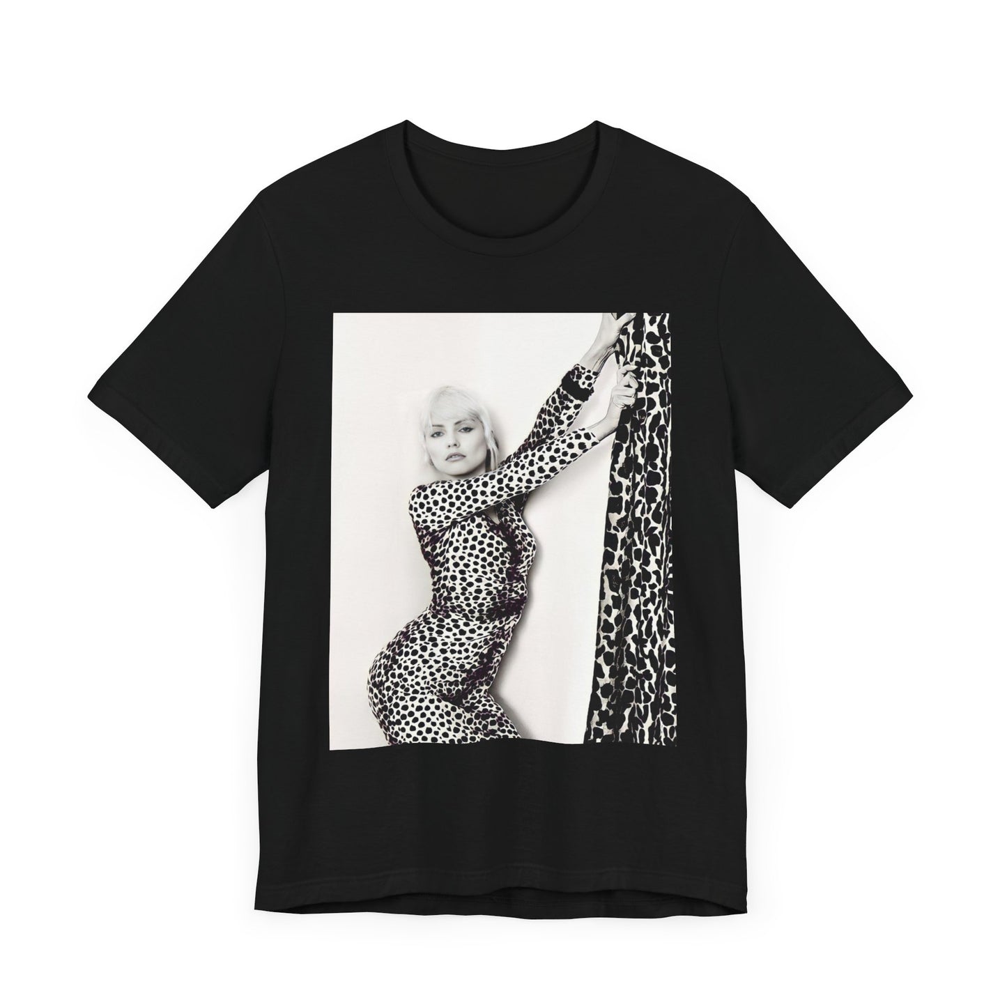 A black graphic t-shirt featuring a black and white, wild-style graphic of Blondie, emphasizing their untamed spirit.