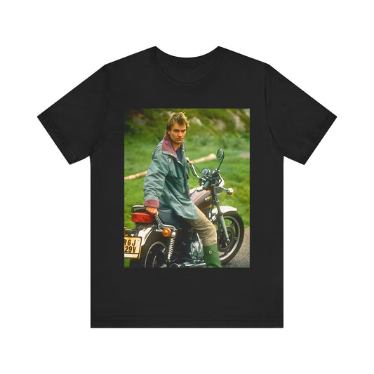 A black graphic t-shirt featuring a graphic of Sting from The Police with a motorcycle theme.