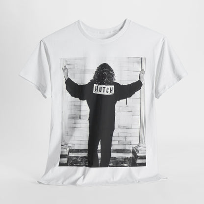 A black graphic t-shirt featuring a graphic of Michael Hutchence from INXS, labeled 'Hutch'.