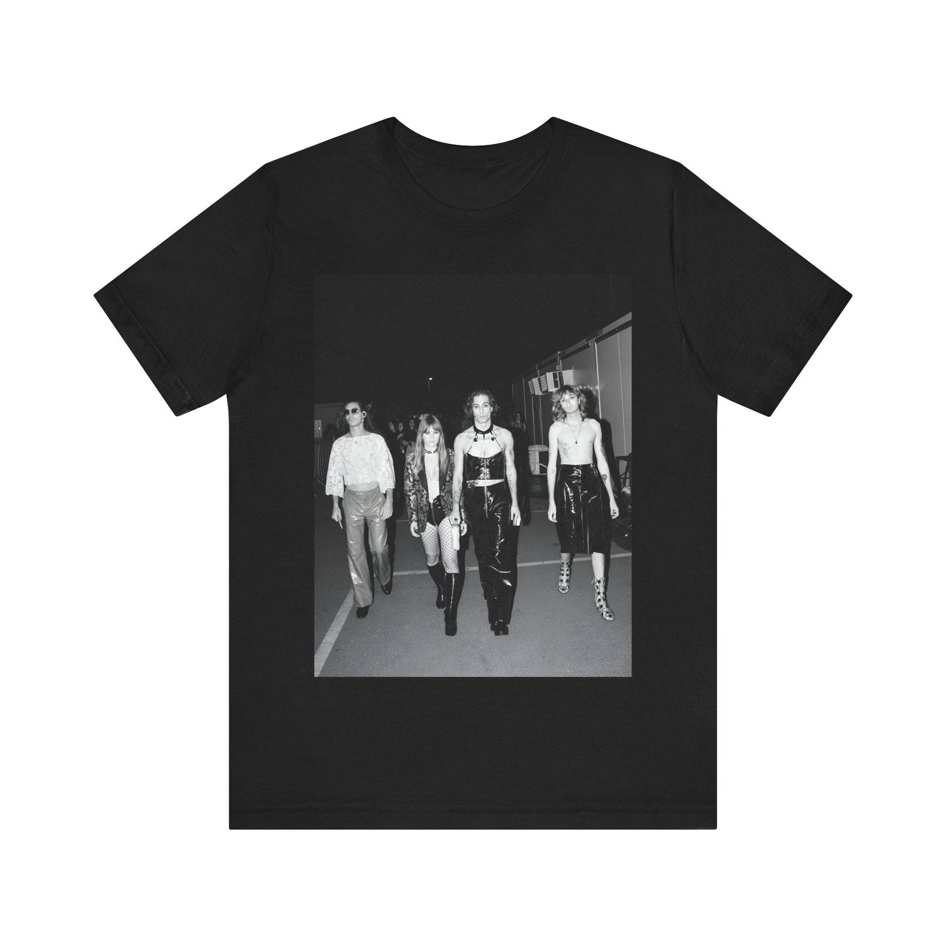 A black graphic t-shirt featuring a black and white, monochrome graphic or photo of Maneskin.