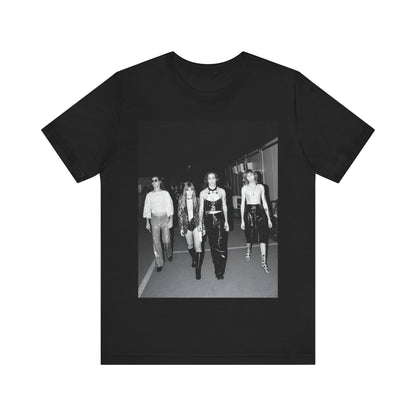A black graphic t-shirt featuring a black and white, monochrome graphic or photo of Maneskin.