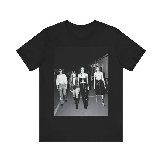 A black graphic t-shirt featuring a black and white, monochrome graphic or photo of Maneskin.