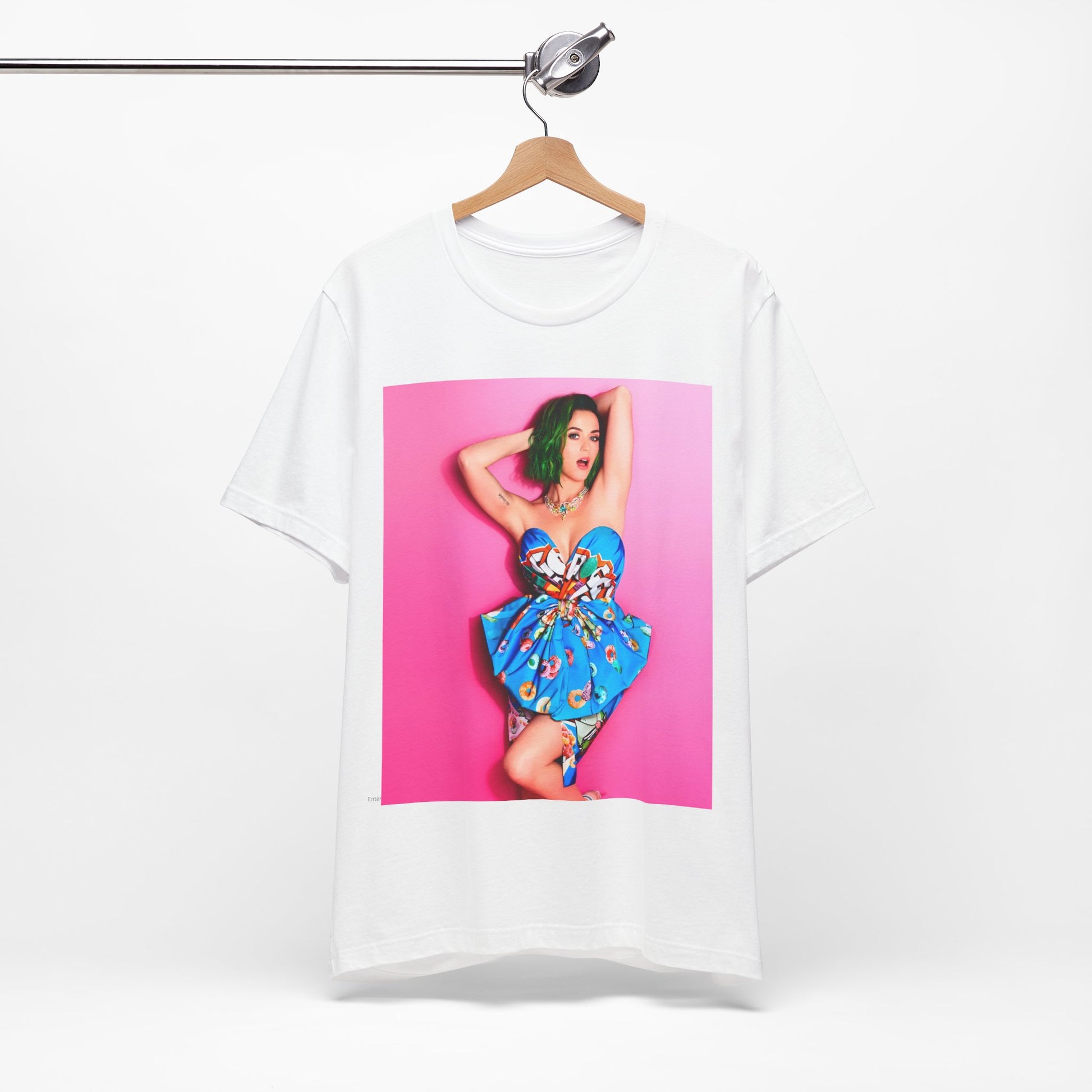 A black graphic t-shirt featuring a graphic related to Katy Perry's 'Dark Horse' song or era.