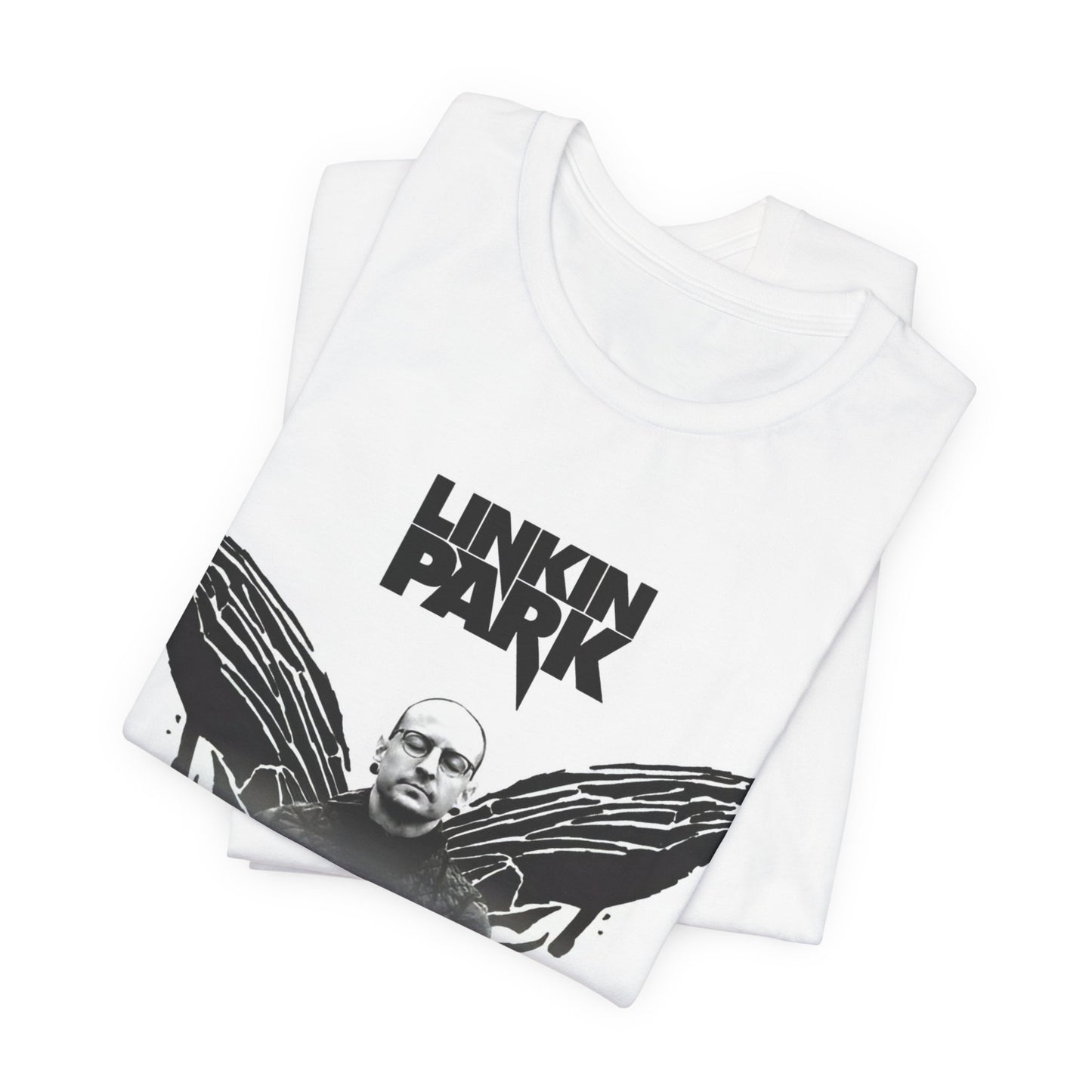 A black graphic t-shirt featuring a tribute graphic for Chester Bennington of Linkin Park.