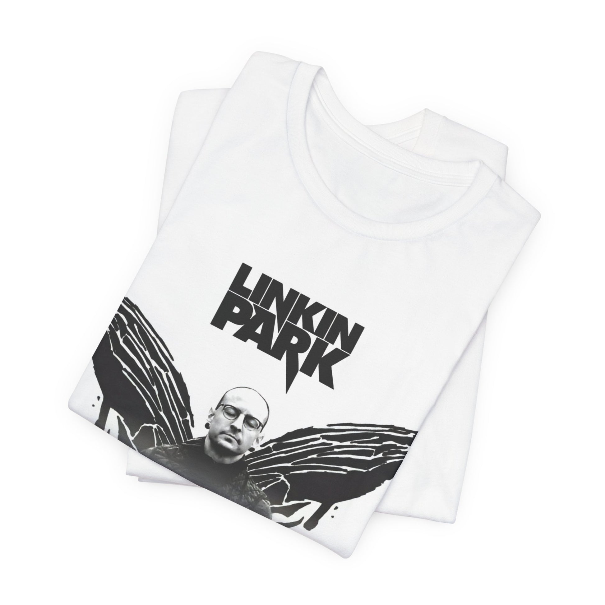 A black graphic t-shirt featuring a tribute graphic for Chester Bennington of Linkin Park.