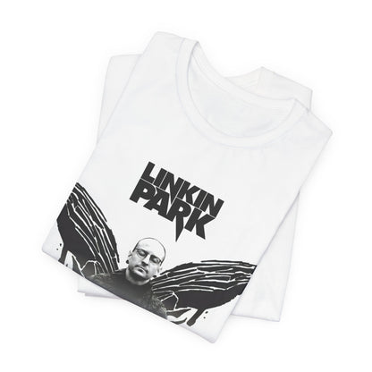 A black graphic t-shirt featuring a tribute graphic for Chester Bennington of Linkin Park.