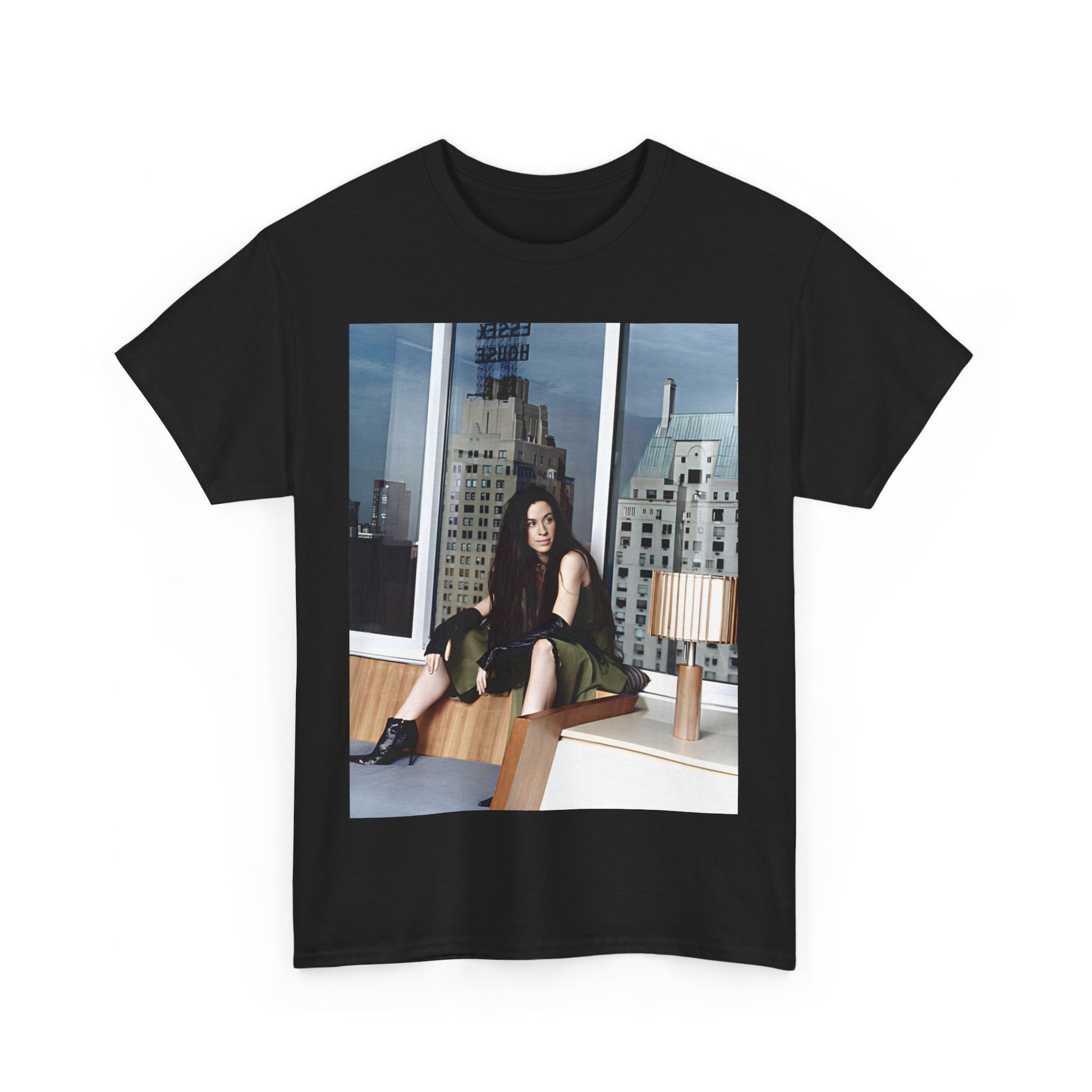 A black graphic t-shirt featuring a photo portrait of Alanis Morissette.