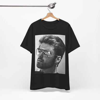 A black graphic t-shirt featuring a photo of George Michael wearing iconic sunglasses.