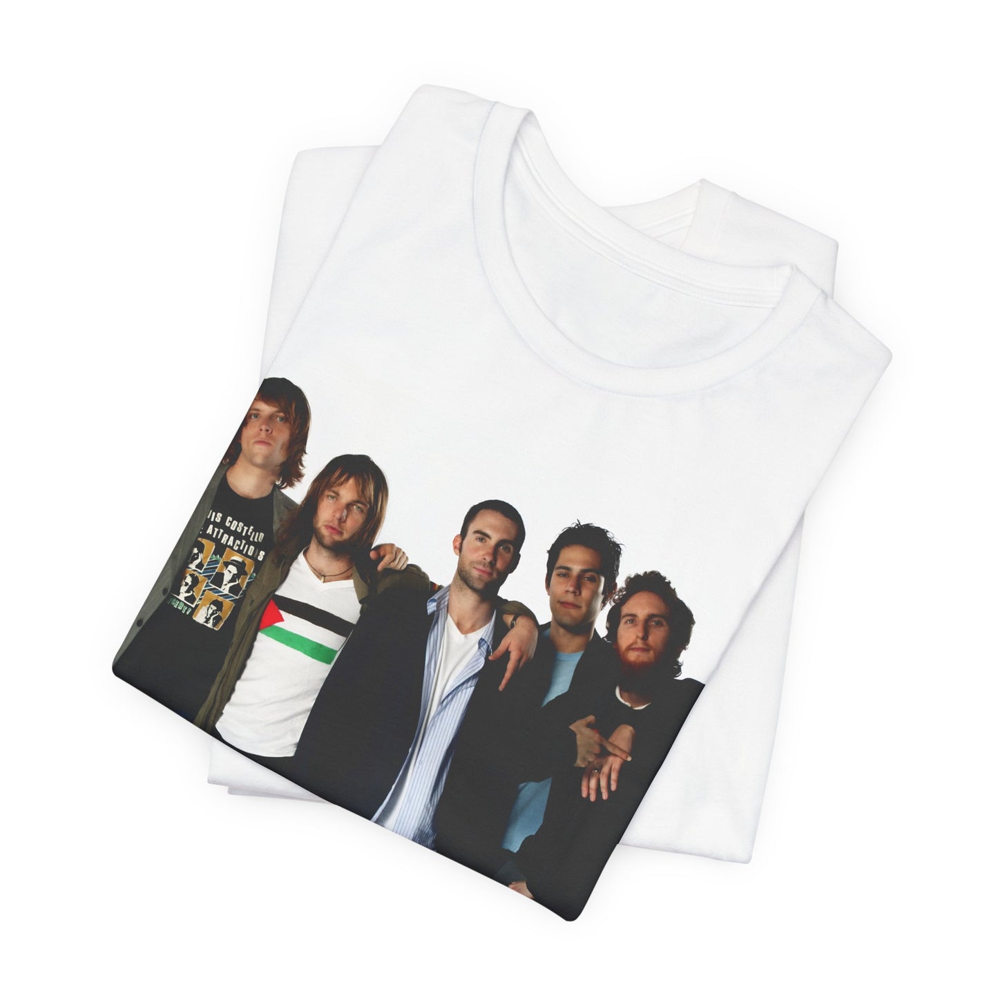 A scrapbook-style collage of various photos of the band Maroon 5 from a classic era, printed on a graphic t-shirt