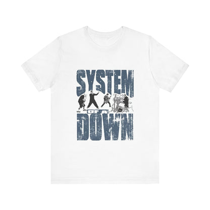 A black graphic t-shirt featuring a graphic of System of a Down as nu-metal pioneers.