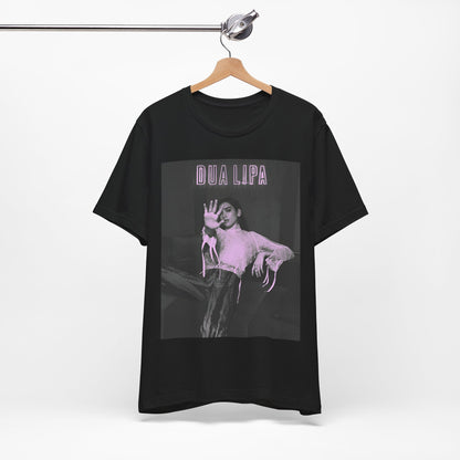A black graphic t-shirt featuring a photo of Dua Lipa with a pink monochrome effect.