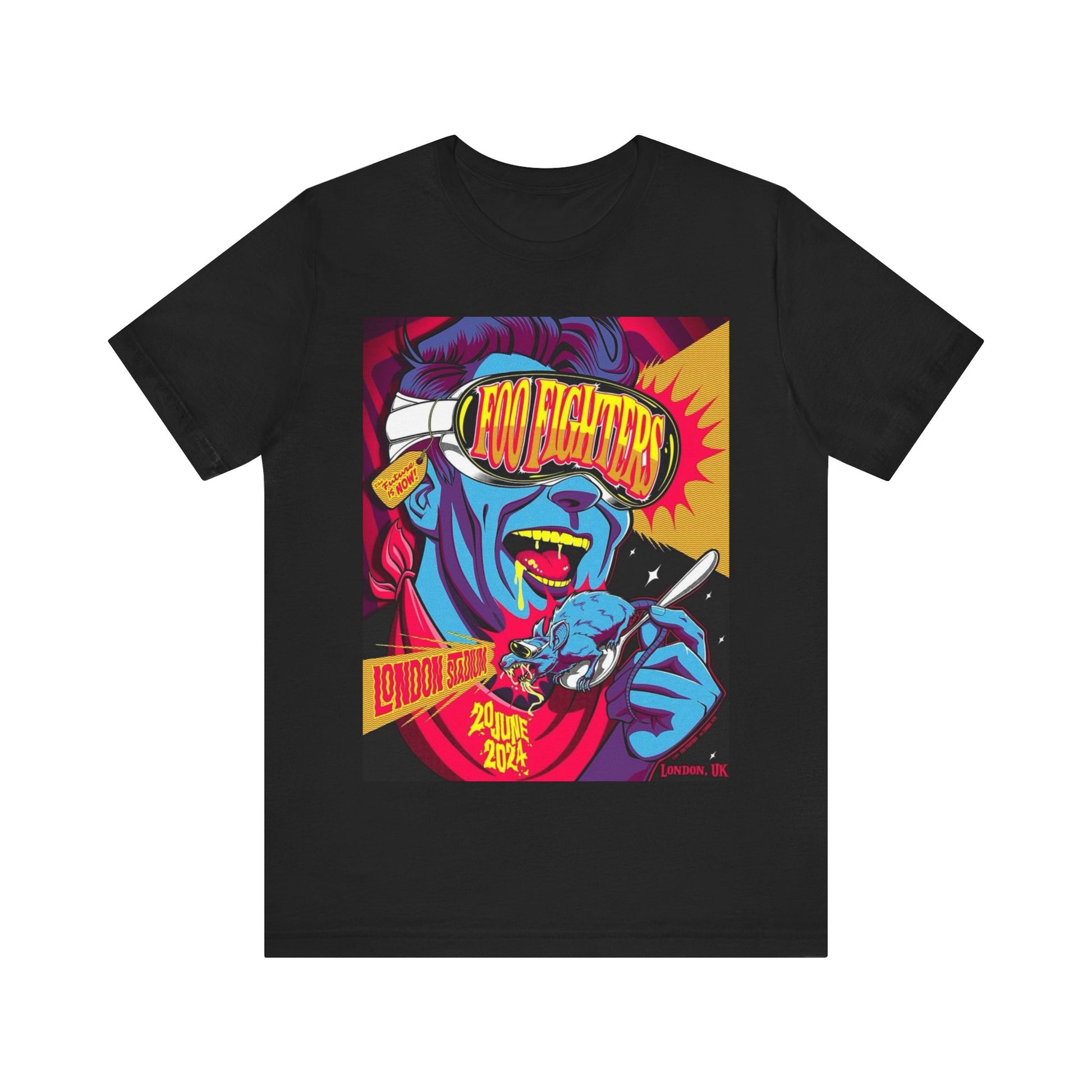 A black graphic t-shirt featuring a graphic of a Foo Fighters concert in London.