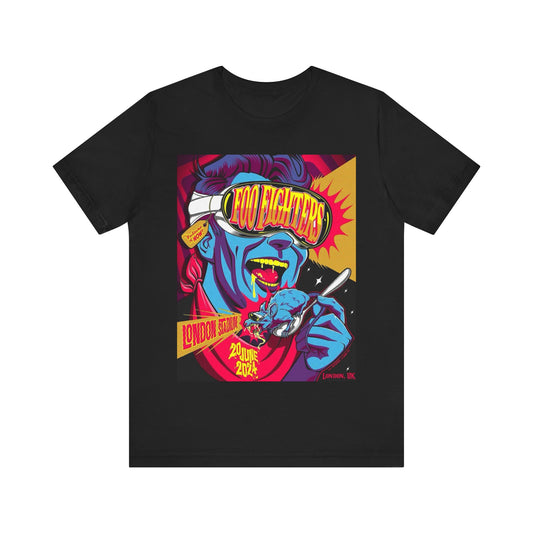 A black graphic t-shirt featuring a graphic of a Foo Fighters concert in London.