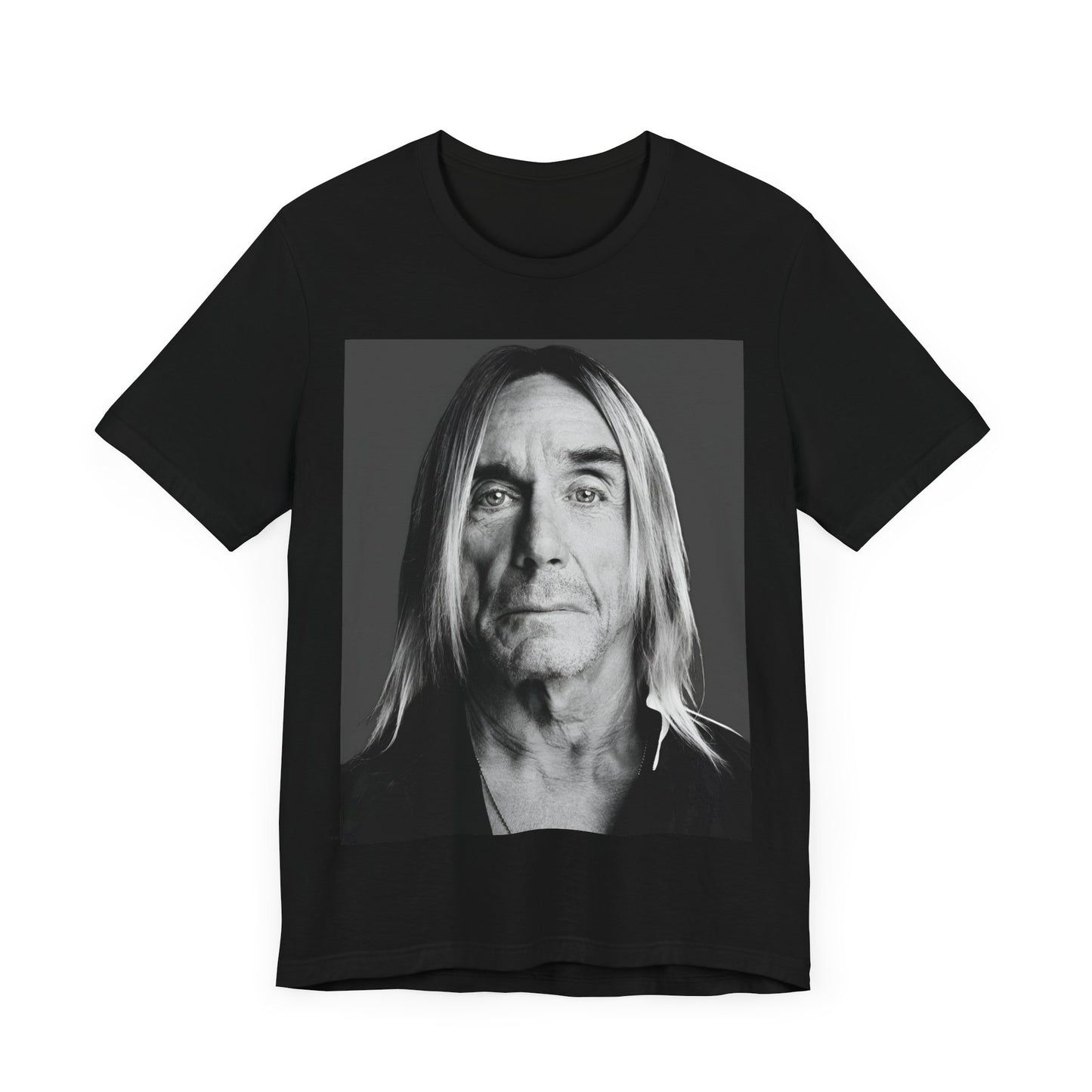 A black graphic t-shirt featuring a black and white portrait photo of Iggy Pop.